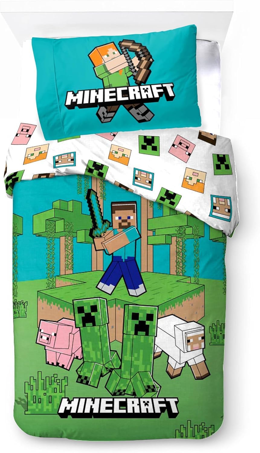 Minecraft Bedlinen Single Size | Duvet Cover 140x200 cm + Pillowcase 50x70 cm, 100% Cotton | Soft, Colorful & Reversible Bedding Set for Kids | Minecraft ''Jungle Explore'' Design