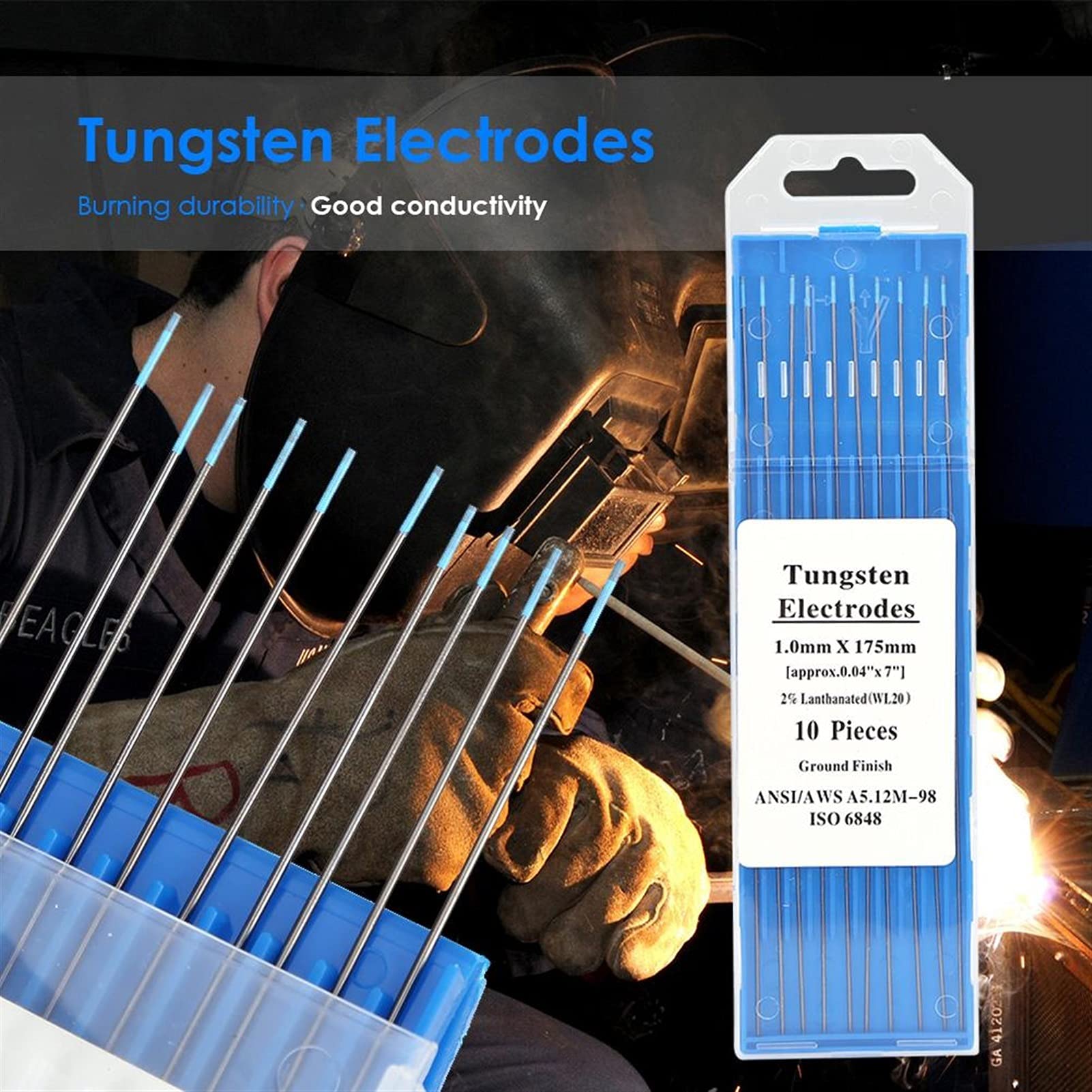 Lot de 10 tiges de soudage 175 mm WL20 Lanthane Tungstène pour machine à souder 1,0/1,6/2,0/2,4/3,0 mm de diamètre Tig(2,4 x 175 mm)