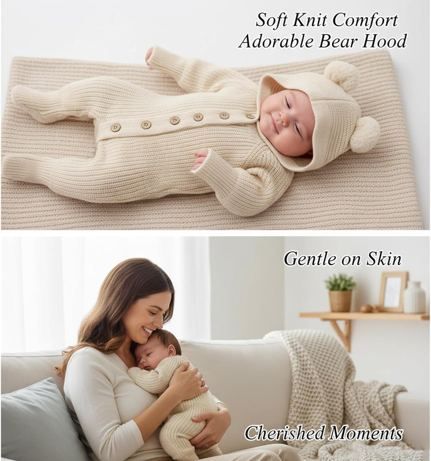 Newborn Baby Knitted 100% Cotton Romper Sweater Jumpsuit with Pom Pom Ears, Long Sleeve Outfit