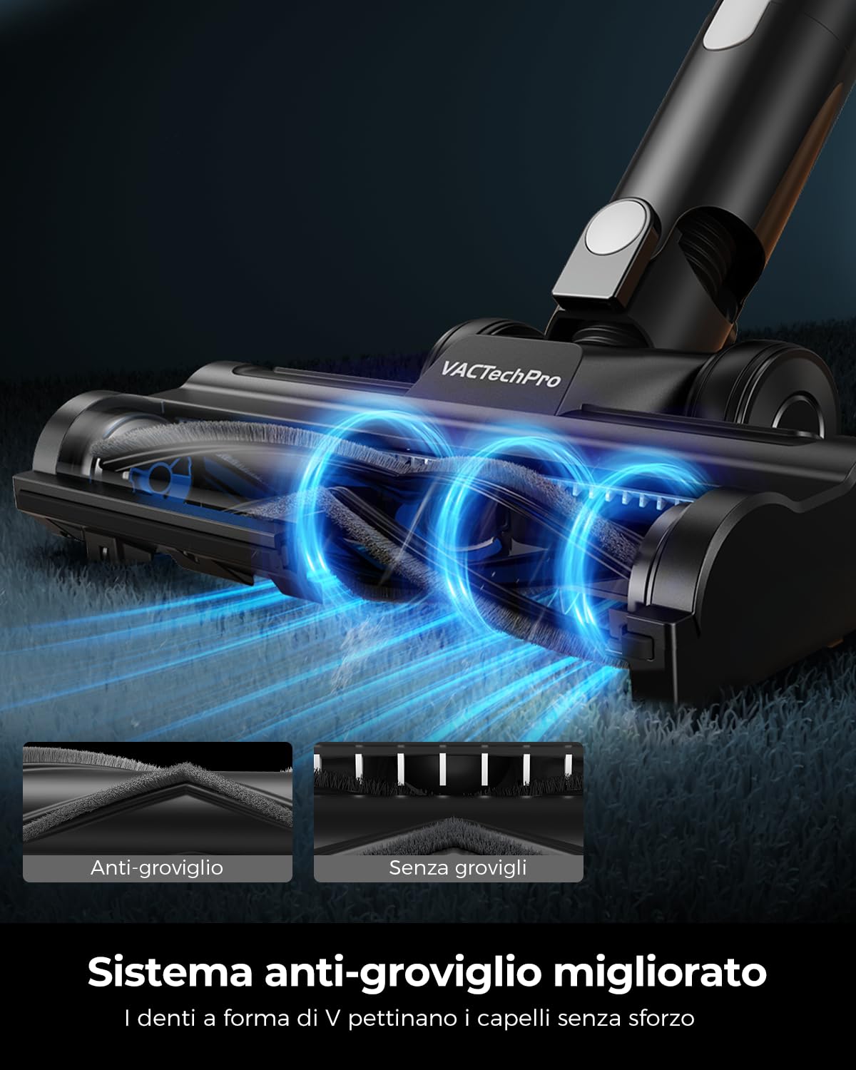 VACTechPro 550W/50Min/50KPA Aspirapolvere Senza Fili F02 Lite, Scopa Elettrica Senza Fili con Sistema di Filtraggio a 8 Strati, Aspirapolvere Senza Fili Potente per Pavimenti/Tappeti, Bianco E Nero