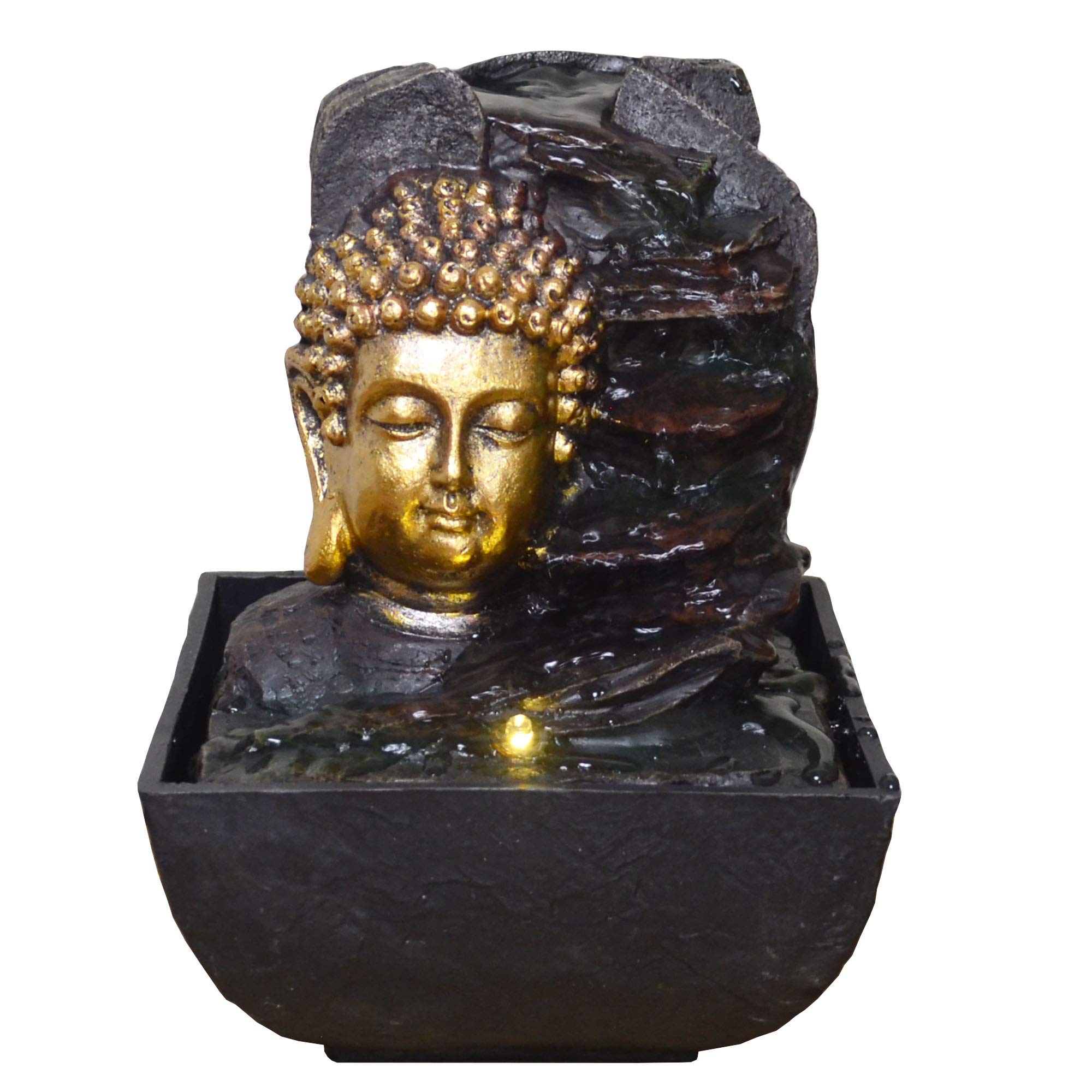Golden Buddha Head Aside Rocks Water Fountain With Light Perfect Indoor Water Feature