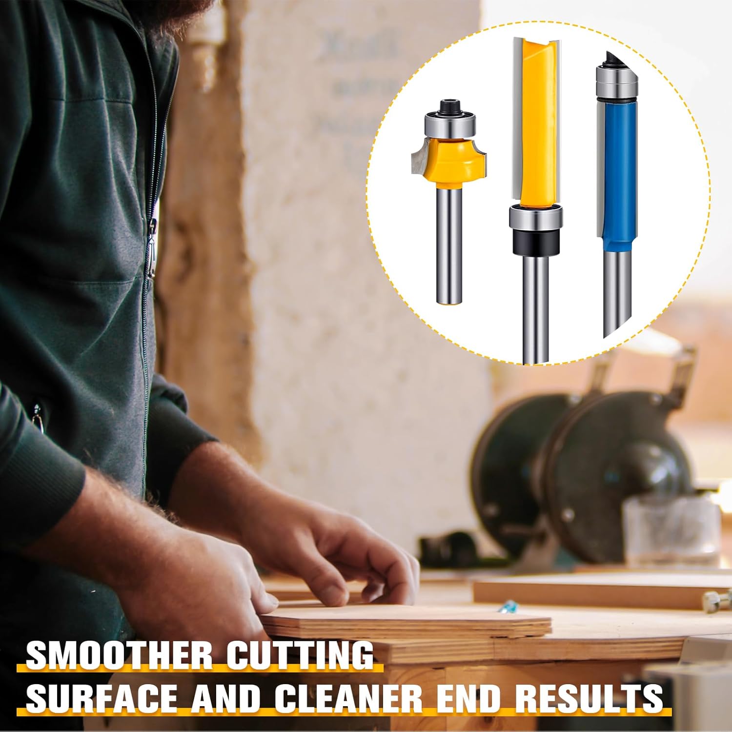 12 Pcs Router Bits Including 4 Flush 4 Roundover 4 Pattern Flush Trim Router Bits, All 1/4 Shanks, Ideal for Cutting on Wooden Materials, 4 Sizes, 3styles