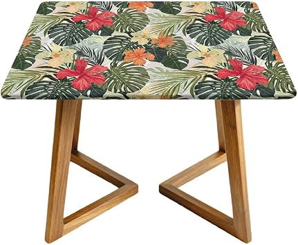 VVA Tropical Elastic Square Fitted Tablecloth Stain Wrinkle Resistant Reusable Washable Hawaiian Square Table Cloth for Family Dinner Patio Party Indoor Outdoor Fit Table up to 52"