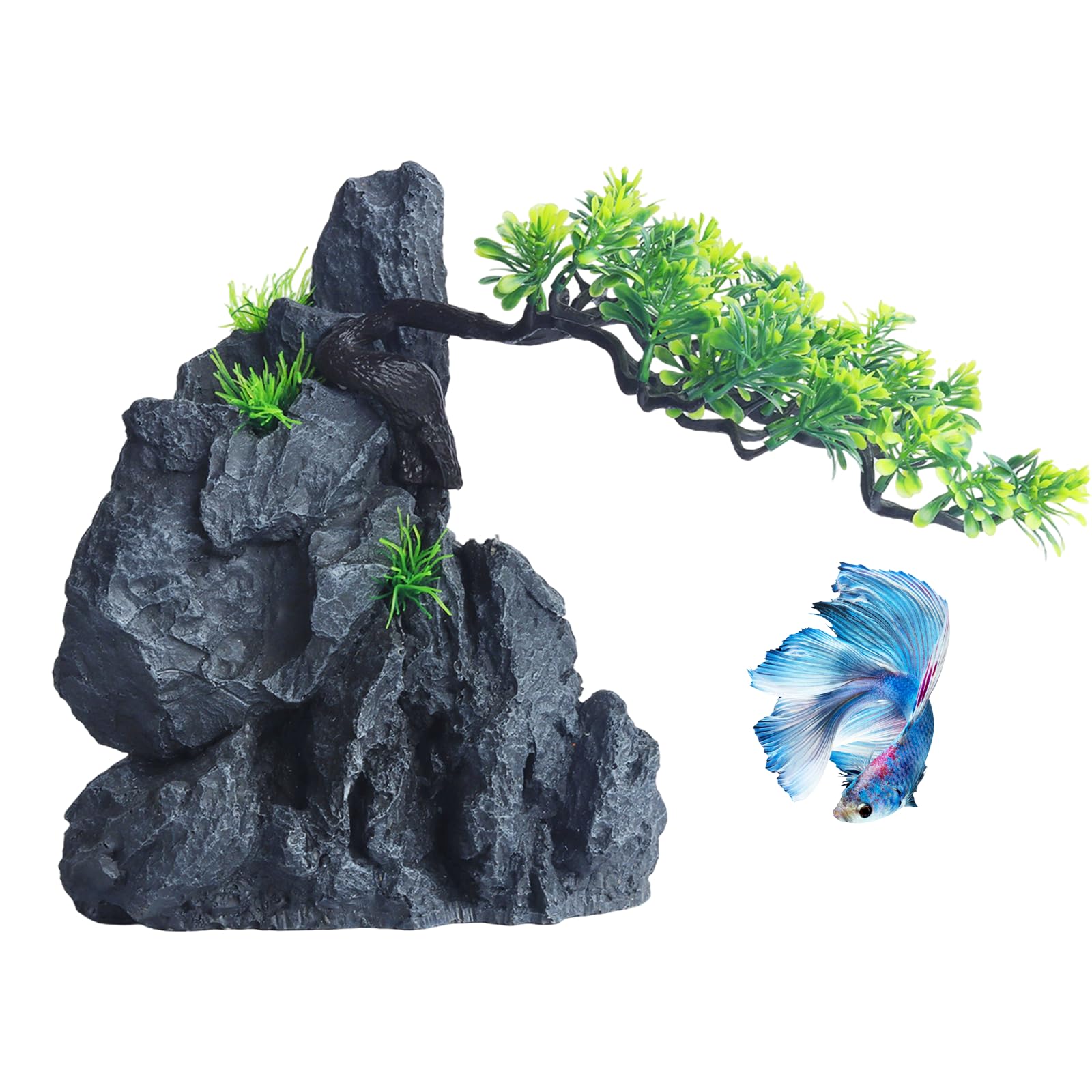 MC MEICHUANG Fish Tank Ornaments Resin Aquarium Rockery with Plants, Large Aquarium Mountain Decoration for Shrimp, Betta, Reptiles Tank