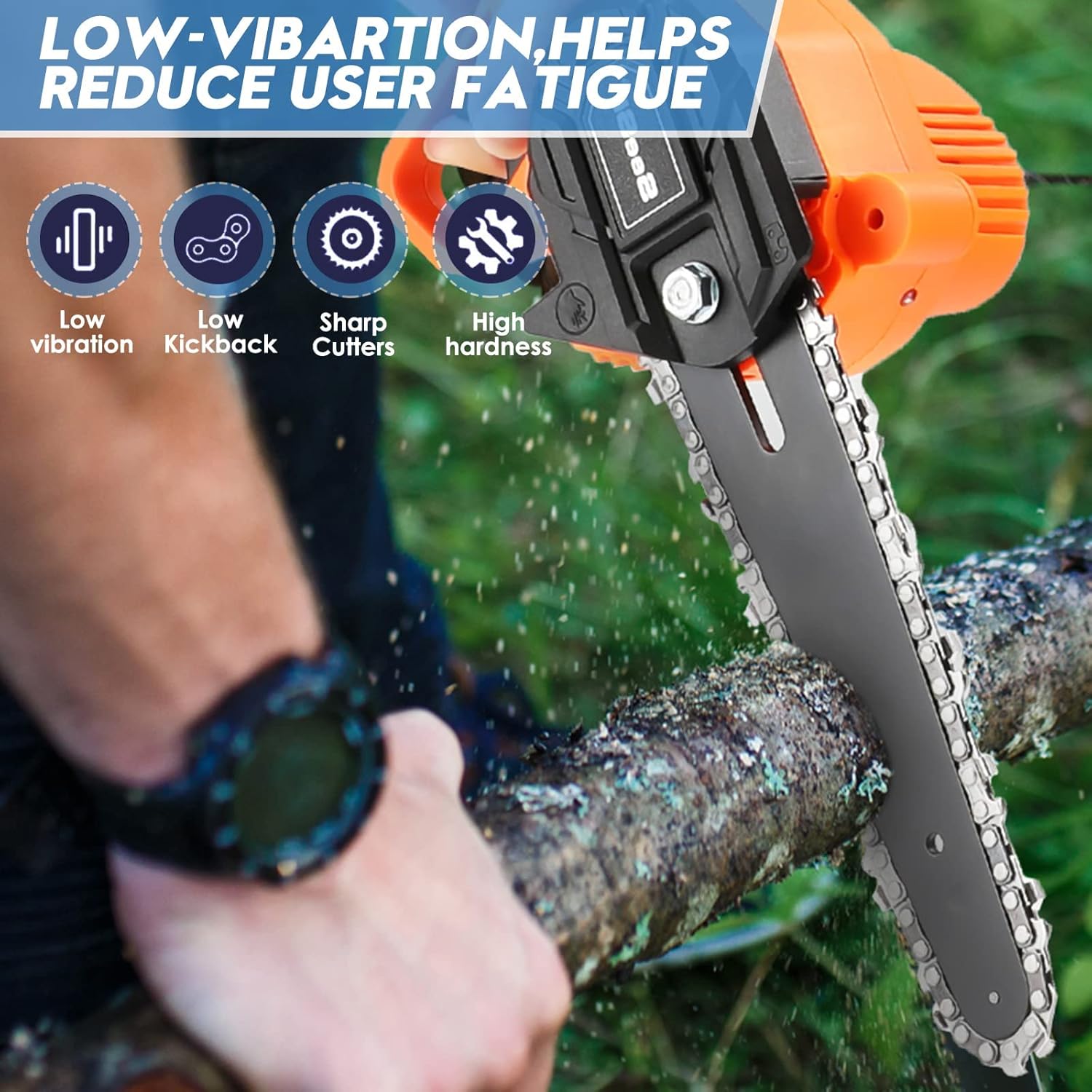 Image showing a person using a chainsaw to cut a branch, highlighting low vibration, low kickback, sharp cutters, and high hardness features.