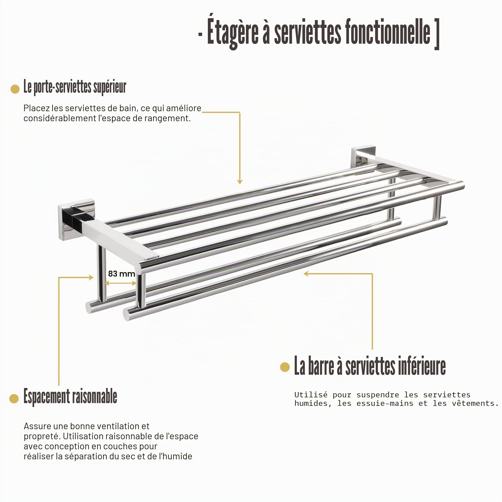 SAYAYO Double Barre Porte Serviette Mural de Salle de Bain, Support Serviette avec Étagère en Acier Inoxydable pour Cuisine Toilette, Longueur 60CM Chrome Poli, EGZ8000-C