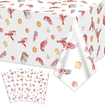 4 Pack Crawfish Boil Tablecloths Decorations Plastic Disposable Red Lobster Crawfish Table Cover for Crayfish Birthday Party Decor Seafood Festivals Potluck Barbecue Supplies, 87 x 51 inches