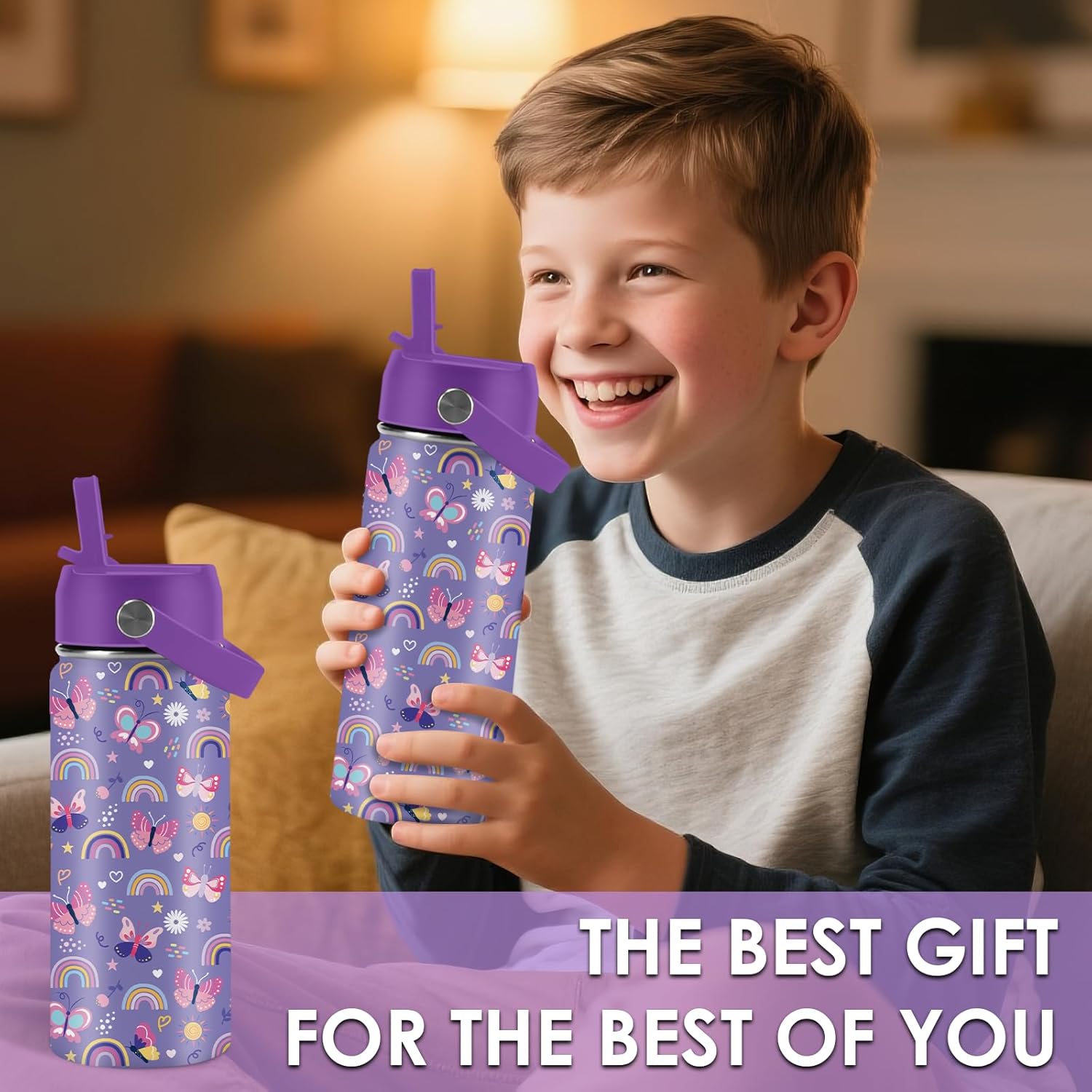 Butterfly Gifts - 16oz Purple Kids Water Bottle with Straw Lid, Stainless Steel Insulated Tumbler, Leakproof, BPA-Free, for Girls, School, Travel - Butterfly Rainbow Themed Birthday Gift Cup (1pc) - Image 8