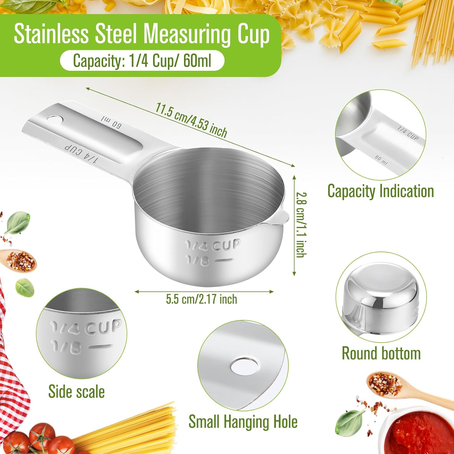 Honeydak 12 Pcs 1/4 Cup Stainless Steel Measuring Cup 60ml 2oz Single Metal Scoop for Wet and Dry Ingredients Sturdy Metal Dog Scoop Dishwasher Safe