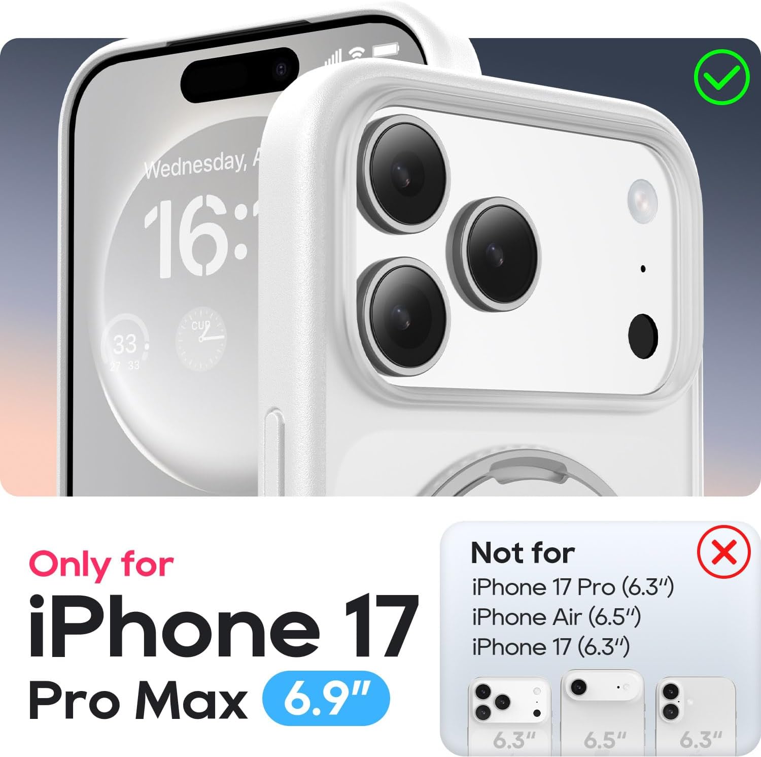 for iPhone 17 Pro Max Case 6.3-Inch with Magnetic 360° Ring Stand Compatible with MagSafe Frosted Matte Shockproof Protective Phone Cover 6.9" 2025, White - Image 2