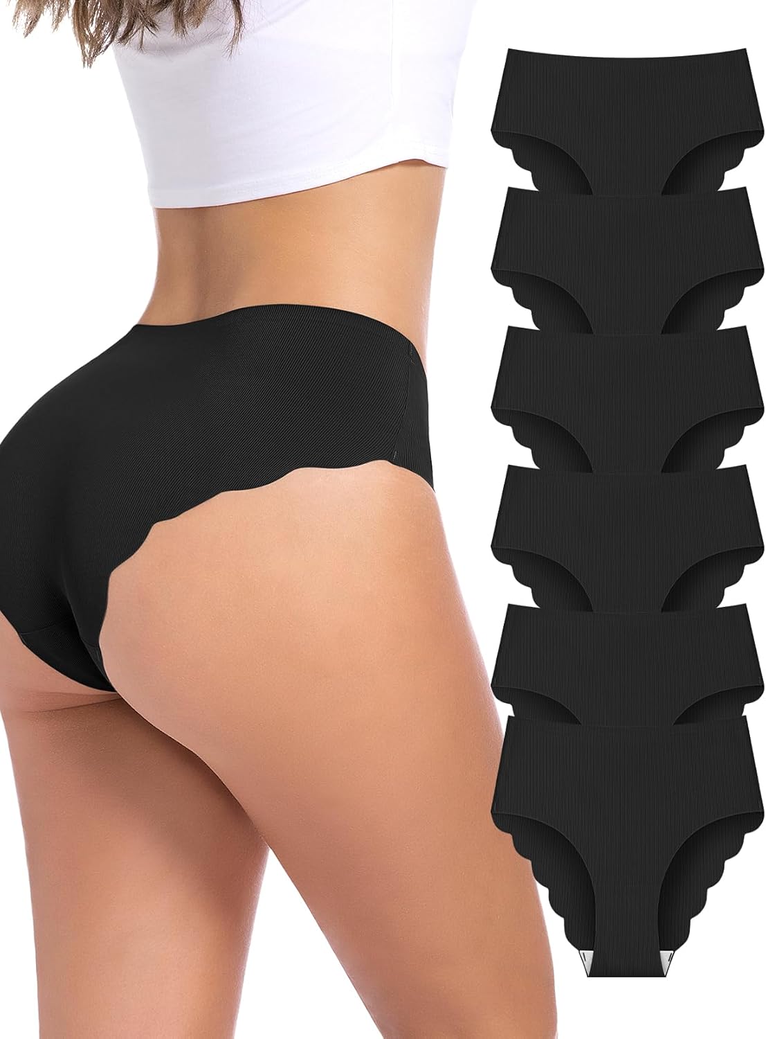 No Show Cheeky Underwear for Women Seamless Bikini Panties Wave Edge Ribbed High Rise Panties 6 Pack