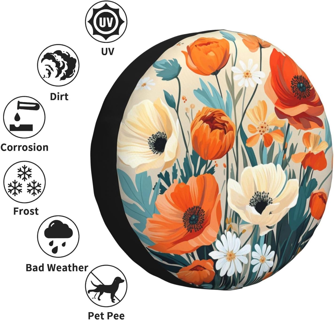 Orange Poppy White Daisy Floral Art Spare Tire Cover 16 inch, Universal Waterproof Dust-Proof Sun Protection Cover with Adjustable Nylon Rope Easy Installation for Jeep Trailer SUV Truck RV