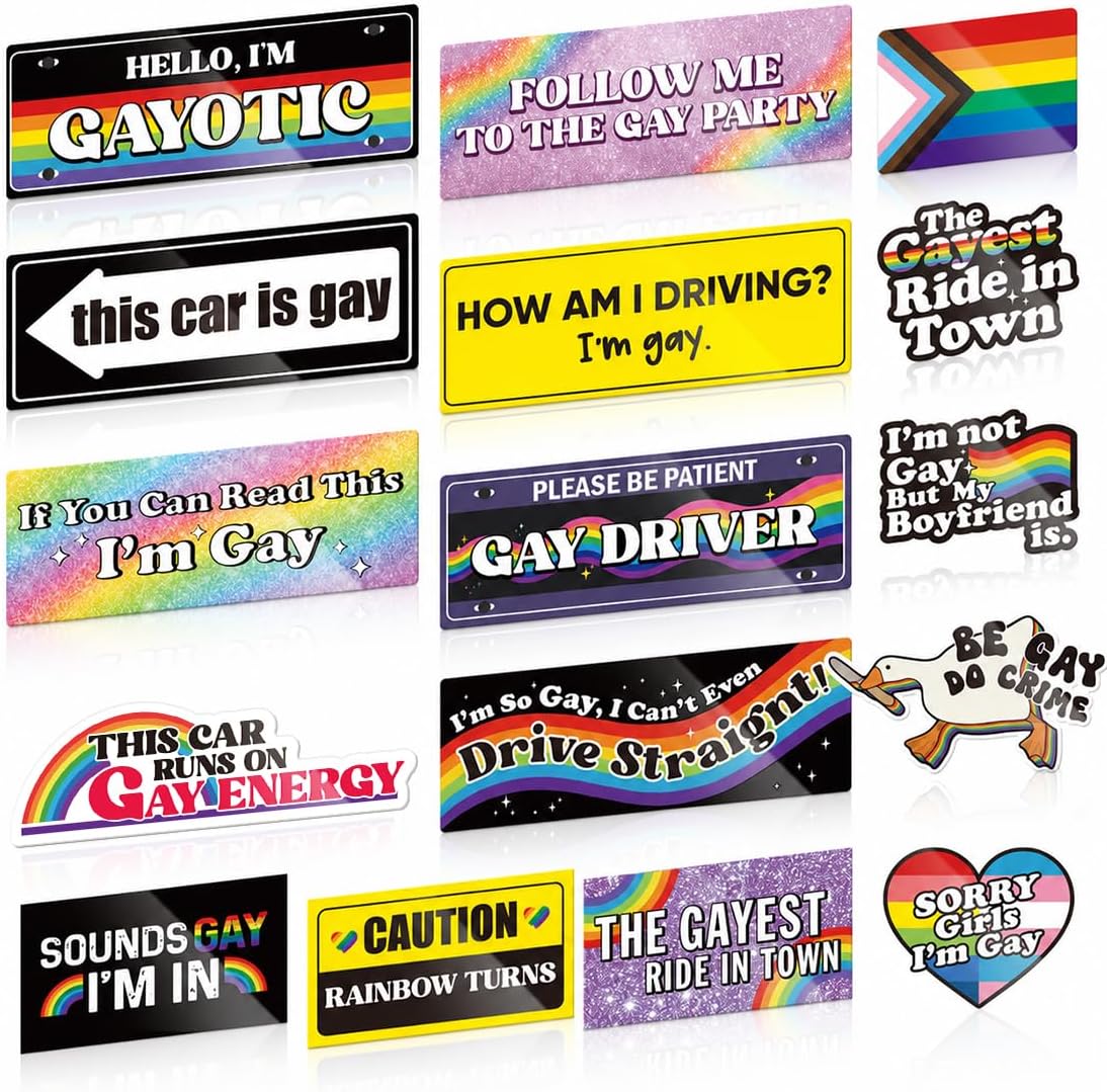 Yoppix 16PCS Funny Gay Pride Car Magnet, LGBT Rainbow Pride Prank Magnetic Bumper Sticker for LGBT Parade Decor, Truck, or Fridge