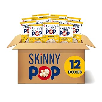 SkinnyPop Butter Microwave Popcorn, Made with Real Butter, Whole Grain Snack, 12 Boxes, 3 Bags per Box