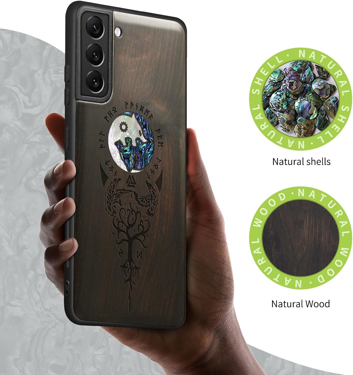 Carveit Designer Wooden Cover for Samsung Galaxy S22 Case [Wood Engraving & Shell Inlay] Compatible with Wireless Chargers Galaxy S22 (Yin Yang Wolf-Blackwood)