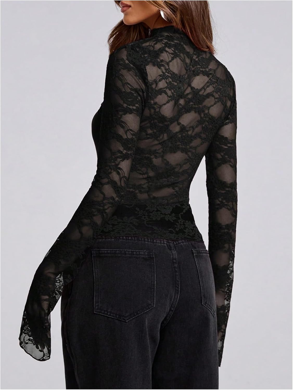 OYOANGLE Women's Floral Lace Sheer Mock Neck T Shirt Long Sleeve Cut Out Tshirts Fitted Party Going Out Tops - Image 4
