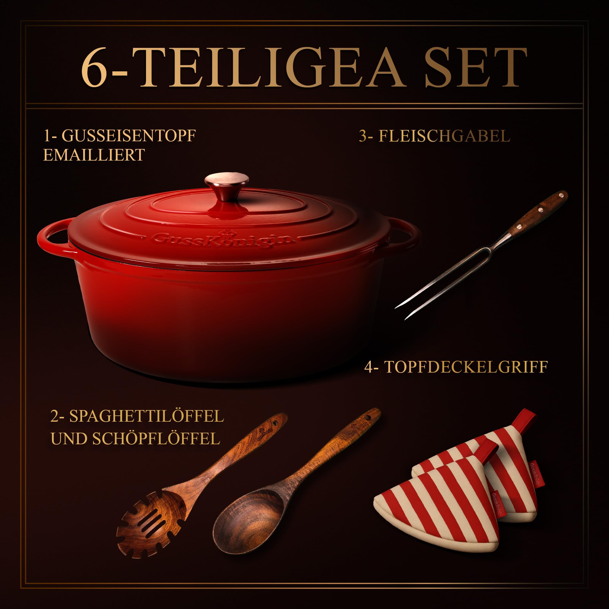 Bräter Gusseisen 37cm (XXL)– Gusseisen-Topf & Schmortopf mit Deckel/Cocotte –Bräter & Schmortöpfe, Bräter mit Deckel backofengeeignet für Induktion & Ofen– inkl. Zubehör-30 jahr garantie