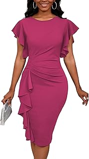 Womens Short Ruffle Sleeve Church Dress 50S Vintage Crew Neck Bodycon Work Pencil Midi Dress - Buy now