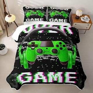 Erosebridal Gamer Twin Kids Quilt Set Lightweight,Cute Quilted Blanket Gaming Headset Game Consoles Bedspread for Boys Girls Teens,Soft Breathable Microfiber Coverlet with Pillowcases