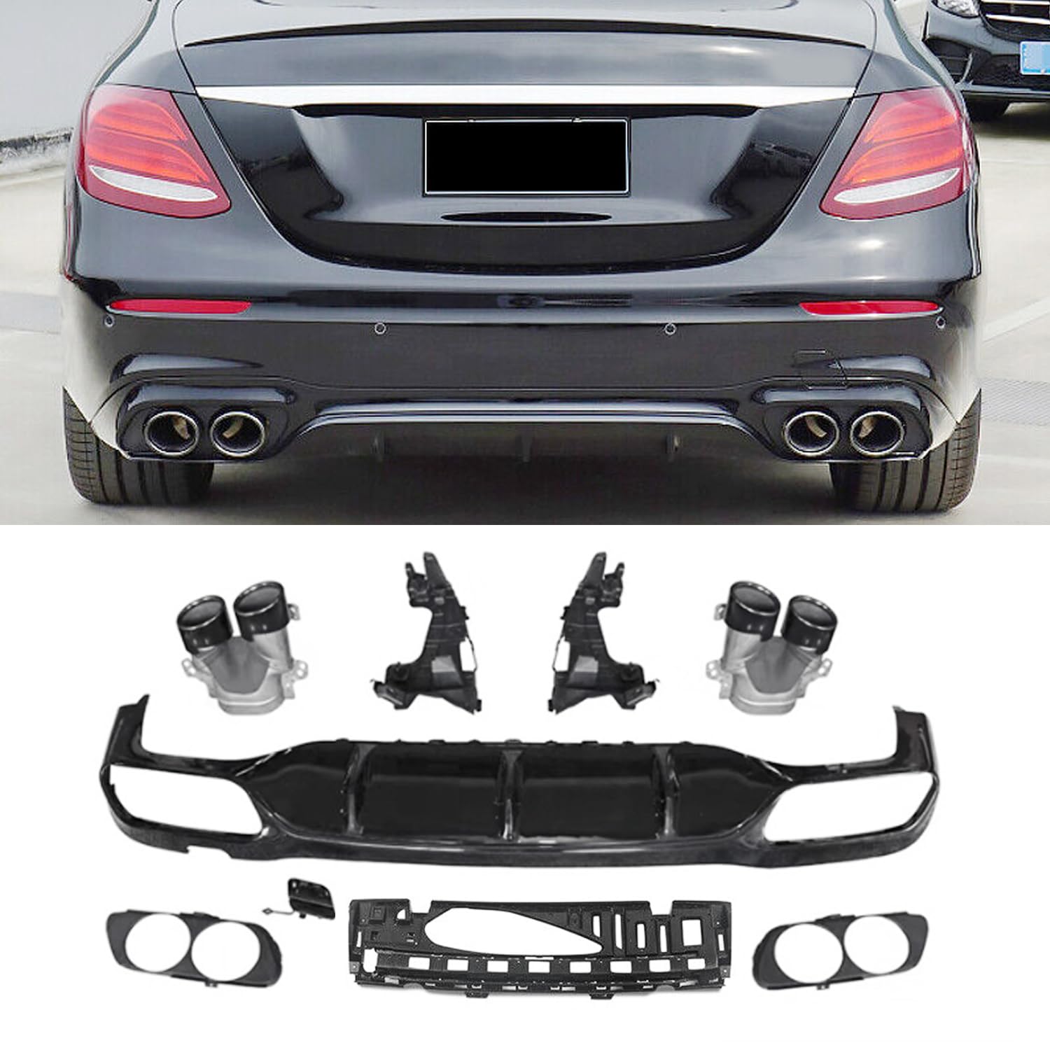 Rear Lip Compatibility with 2016-2020 E Class W213 AMG E53 Style Rear Bumper Diffuser Lip W/Exhaust Tips Gloss Black