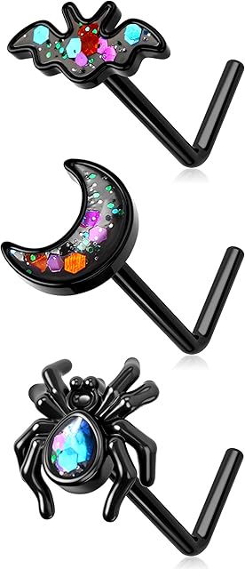 Melighting 20g Bat & Spider Nose Studs 3pcs Black Nose Piercing Studs L-Shaped Nose Studs Nostril Piercings Surgical Steel Nose Piercing Jewellery for Halloween
