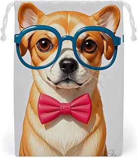 FHESDCW Pet Dog Soft Bow Tie, Oversized Glasses Drawstring Bag Canvas, Reusable Travel Jewelry Pouches, Washable Storage Bags for Gift, Candy, Cosmetics 20 * 25cm