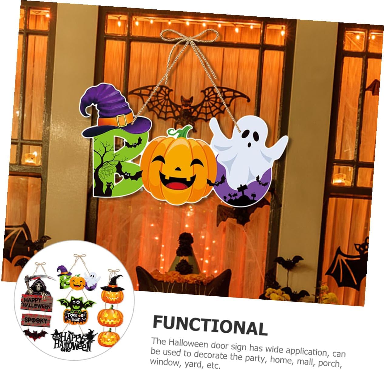 Operitacx Halloween Door Signs Hanging Ornament 5pcs Paper Front Door Sign Set Pumpkin Skull Bat Boo Theme for Indoor Outdoor Halloween Party Decorations
