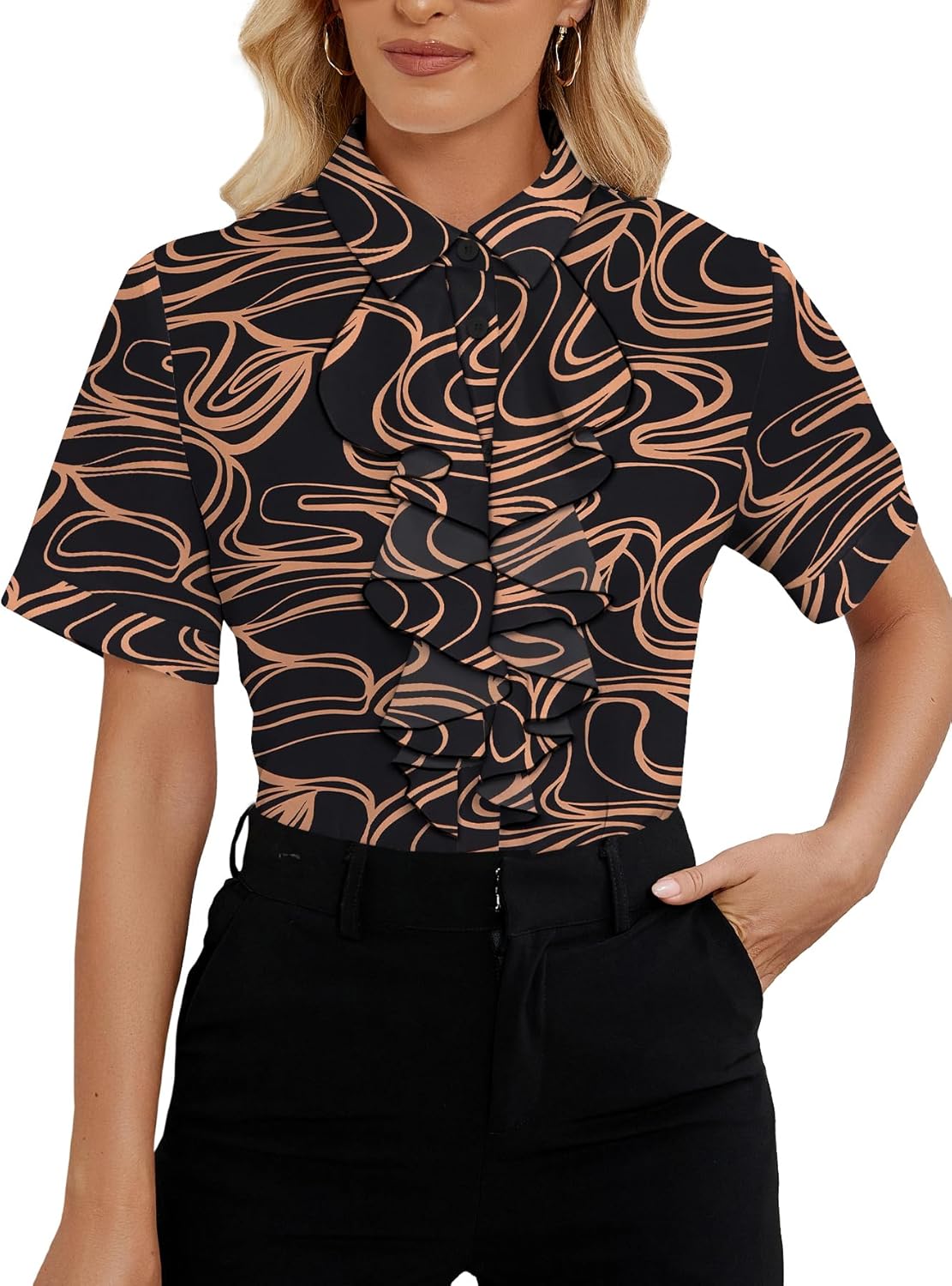 Vrtige Women's Ruffle Front Collar Neck Button Down Short Sleeve Blouse Shirt Top