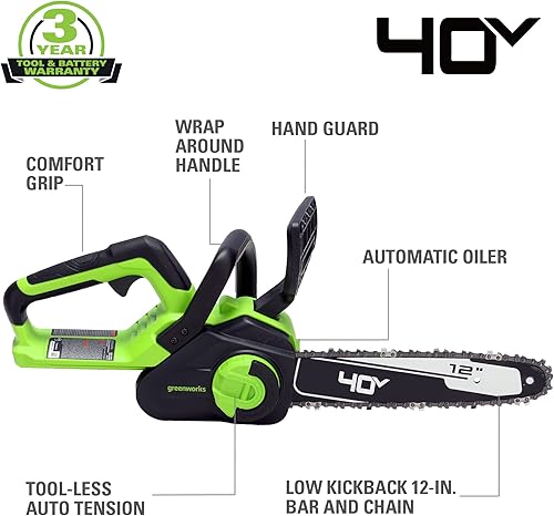 Miniatura 2 de Greenworks Motosierra compacta inalámbrica de 40 V y 12 pulgadas (ideal para limpieza de tormentas, poda y campamento), batería de 2.0 Ah y cargador
