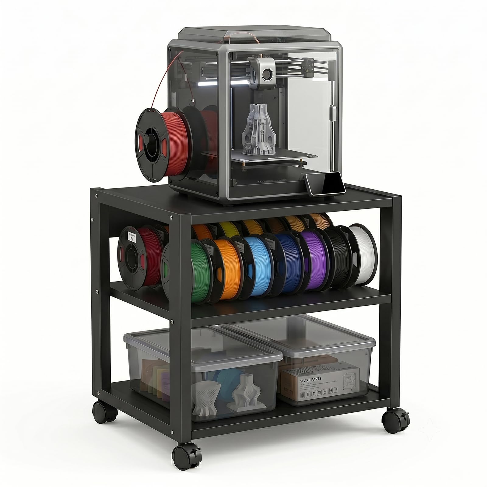 Mobile Hi-Fi Rack e Supporto Stampante 3D con Ruote, Scaffale Robusto a 3 Ripiani, 50x40x48,5cm Metallo e Legno Nero, Tavolino Porta Stereo e Carrello Ufficio sotto Scrivania Salvaspazio