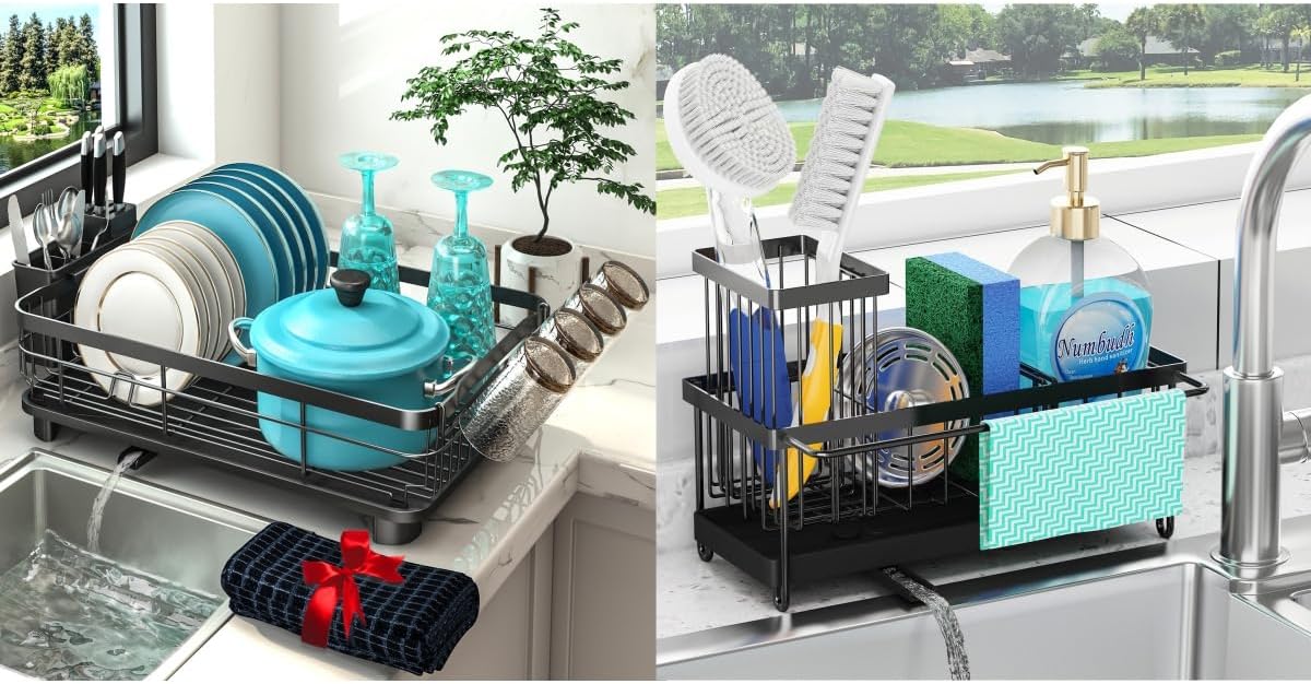 Godboat Sponge Holder for Kitchen Sink, Dish Drying Rack with Auto-Drain, Dish Racks for Kitchen Counter, Glass Rack for 4 Cups, 360° Swivel Spout, Kitchen Sink Organizer with Brush Holder