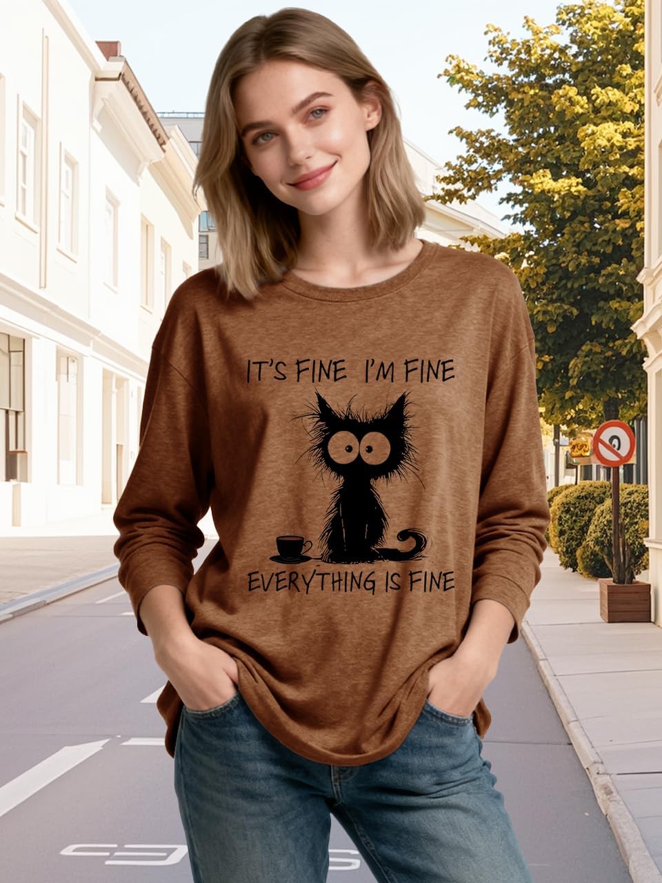 Womens Funny Saying I'm Fine Everything is Fine Sweatshirt Humor Graphic Tee Casual Loose Long Sleeve Cute Cat Tops