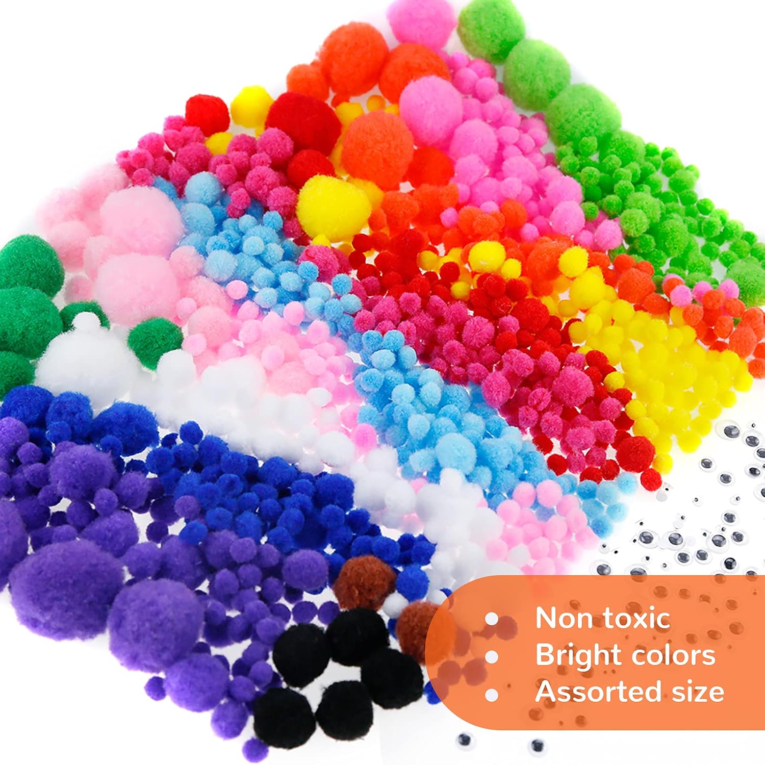 Caydo 1400PCS 5 Sizes Multicolor Pom Poms Assorted Pompoms Balls with 4 Sizes Wiggle Eyes for Kids Creative DIY, Crafts Projects Making and Valentine's Day Decorations