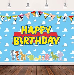 5x3ft Toy Inspired Story Backdrop Infinity and Beyond Birthday Decorations Blue Sky White Cloud Banner Cartoon Story Backdrop for Boy Girl Toy Birthday Party Backdrop Decor Supplies