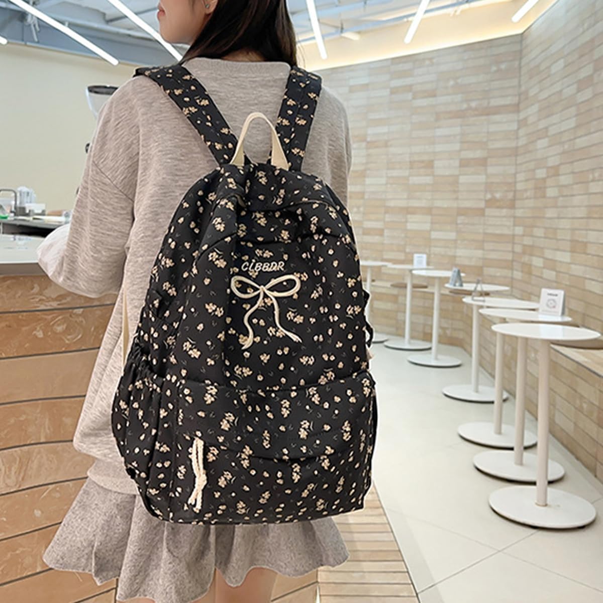 Classic Floral Printed Cute Bow Tie Embroider Backpack 16.1 Inch Kawaii Casual Simple Lightweight Travel Bag - Image 6