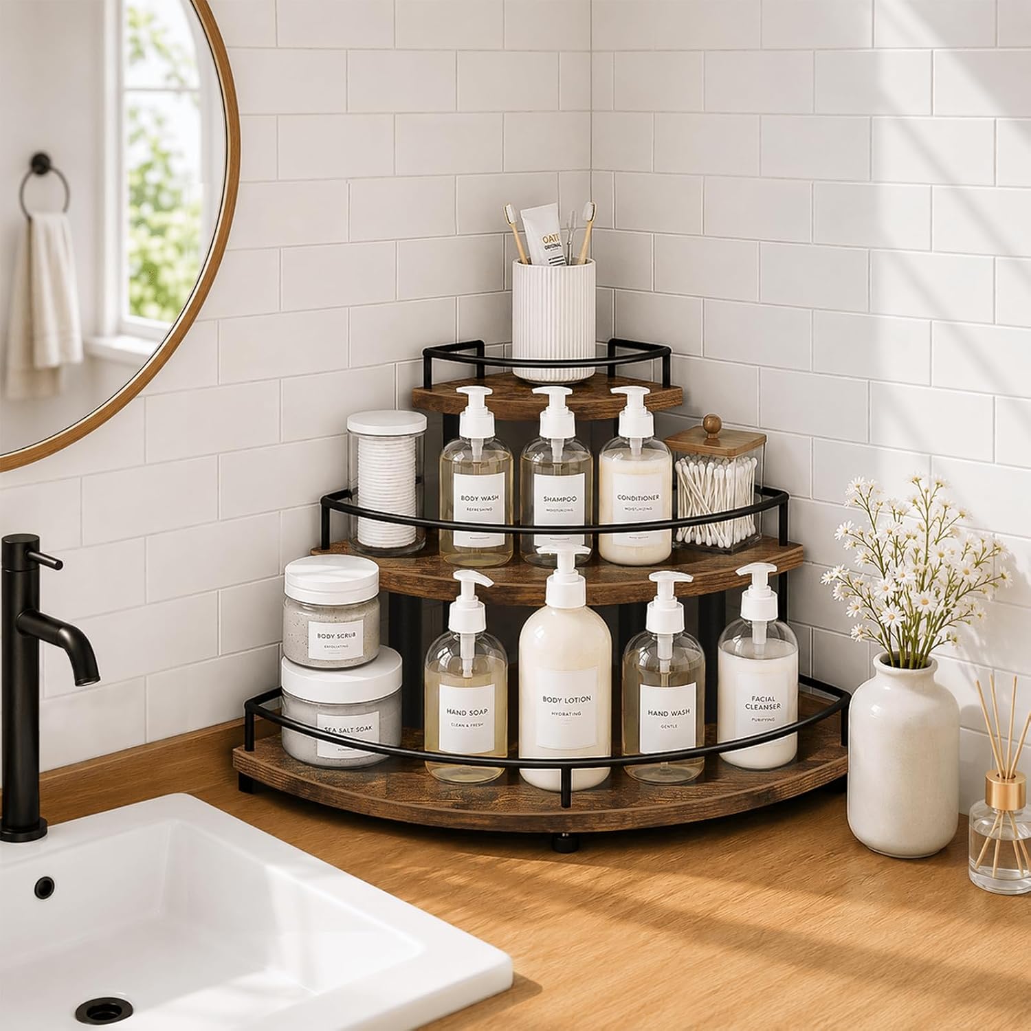 Homode Corner Liquor Bottle Display Shelf, Coffee Syrup Rack Organizer