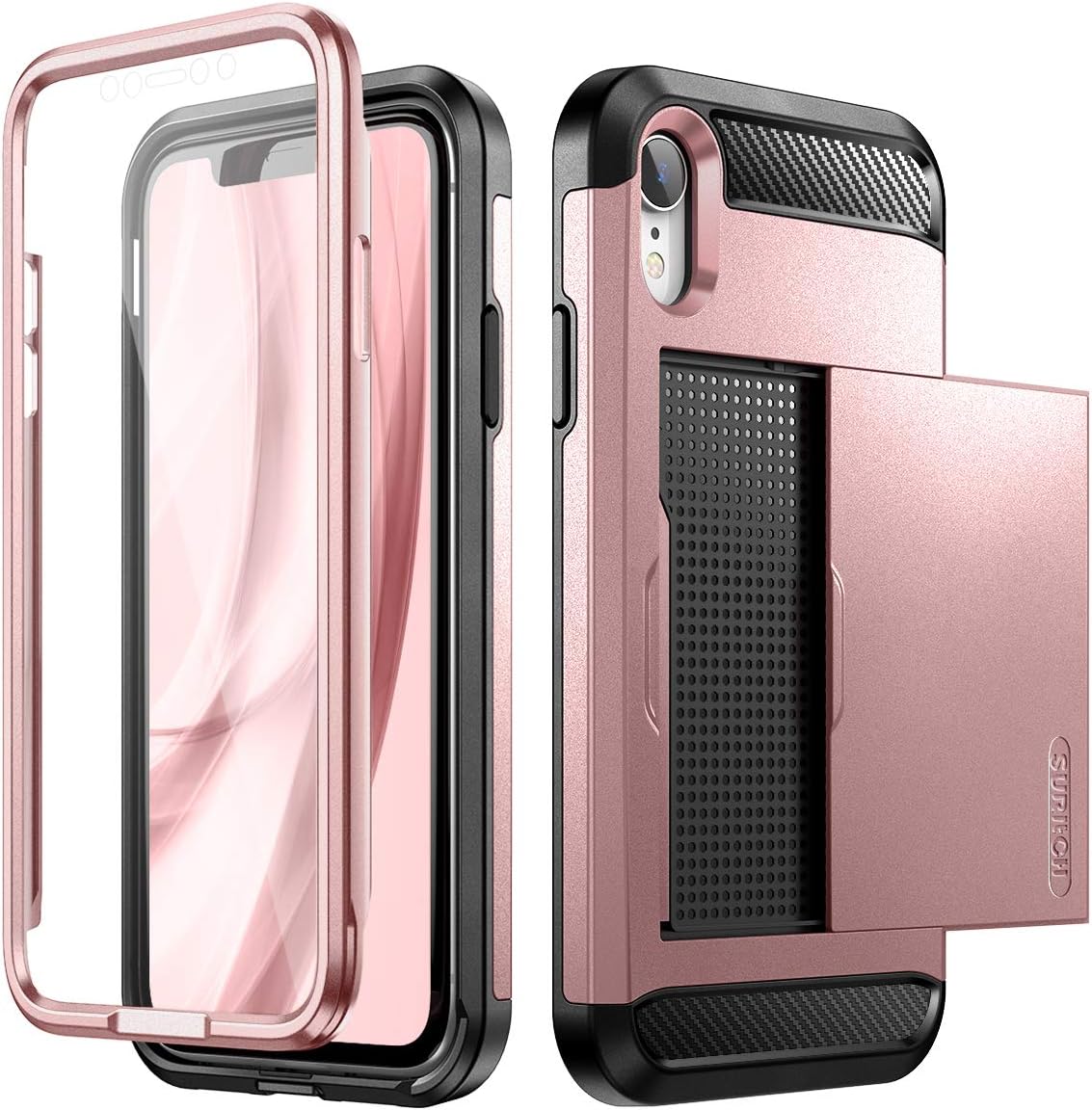 SURITCH iPhone XR Wallet Case with Card Holder and Built-in Screen Protector Defender Shockproof Hybrid Dual Layer Hard PC + TPU Heavy Duty Protection Bumper Case for iPhone XR 6.1” Rose Gold