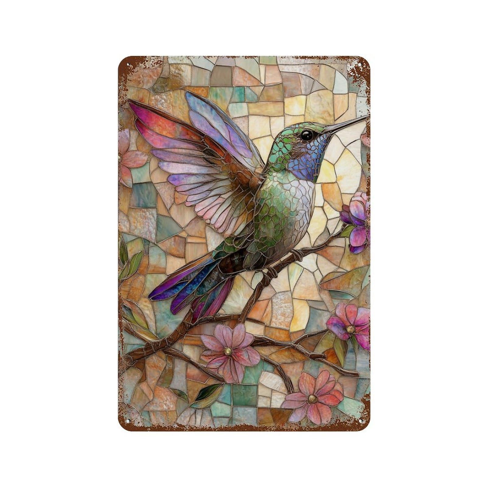 Stained Glass Hummingbird Art Vintage Rust Metal Sign 11.8"x7.9", Shabby Chic Decor for Living Room, Hallway And Home Decor