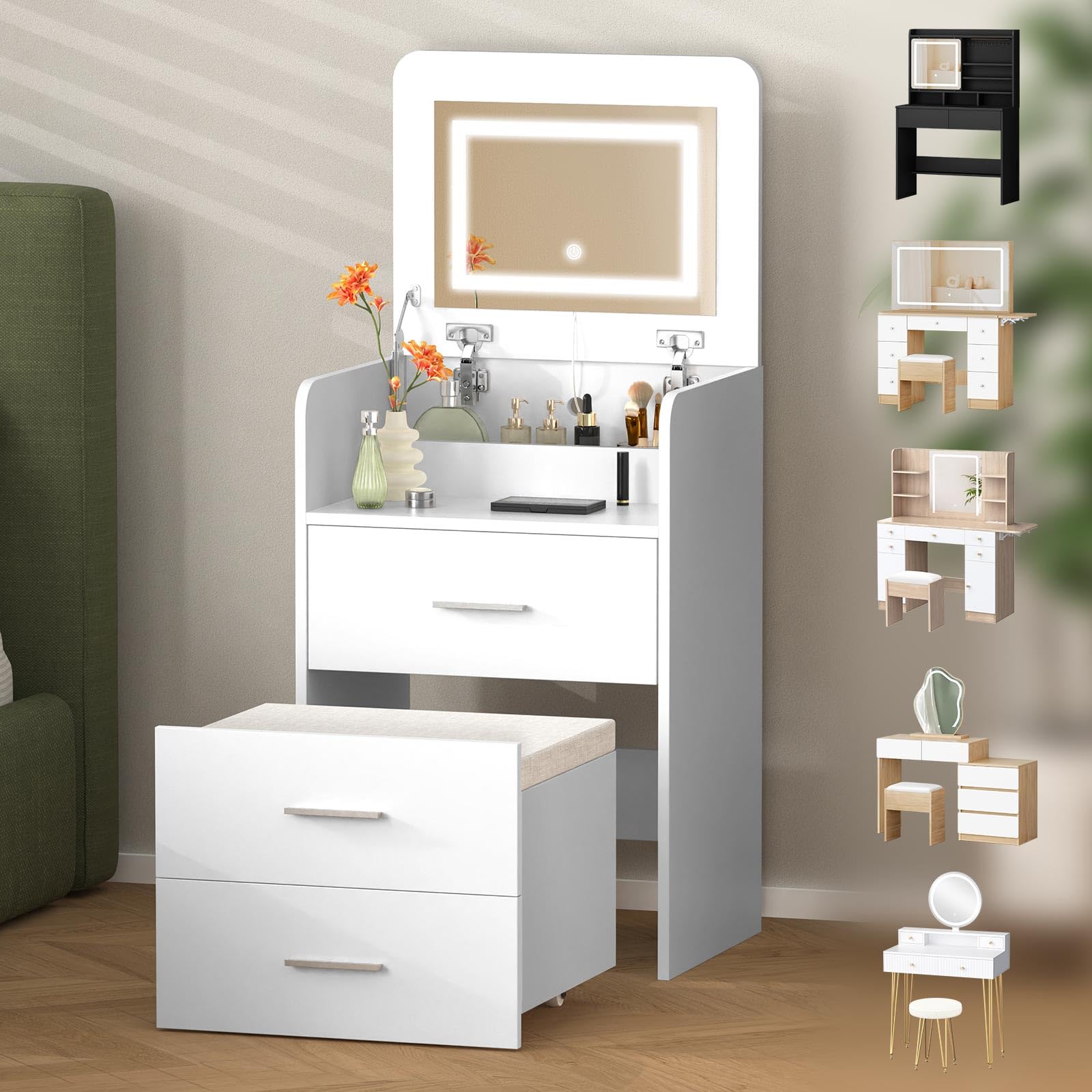 ALFORDSON Tocador 3 en 1 con taburete, espejo plegable para maquillaje, bandeja plegable, con cajón, tocador LED, mesa pequeña de vestir, mesa de cosméticos para dormitorio, color blanco