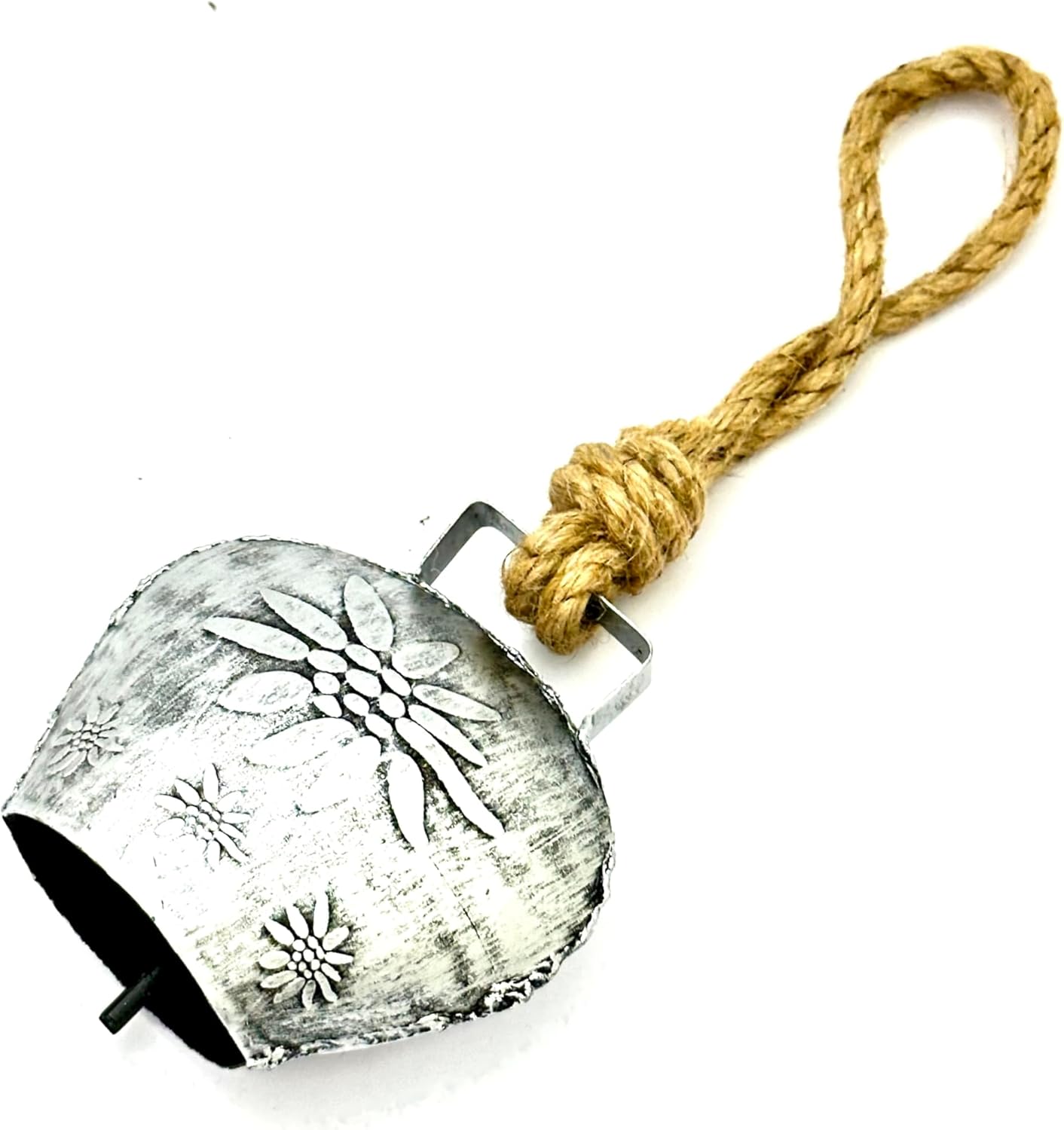 ヴィンテージメタルカウベル、花柄デザイン、ロープ付き装飾吊り下げベル、素朴な家庭と庭の装飾