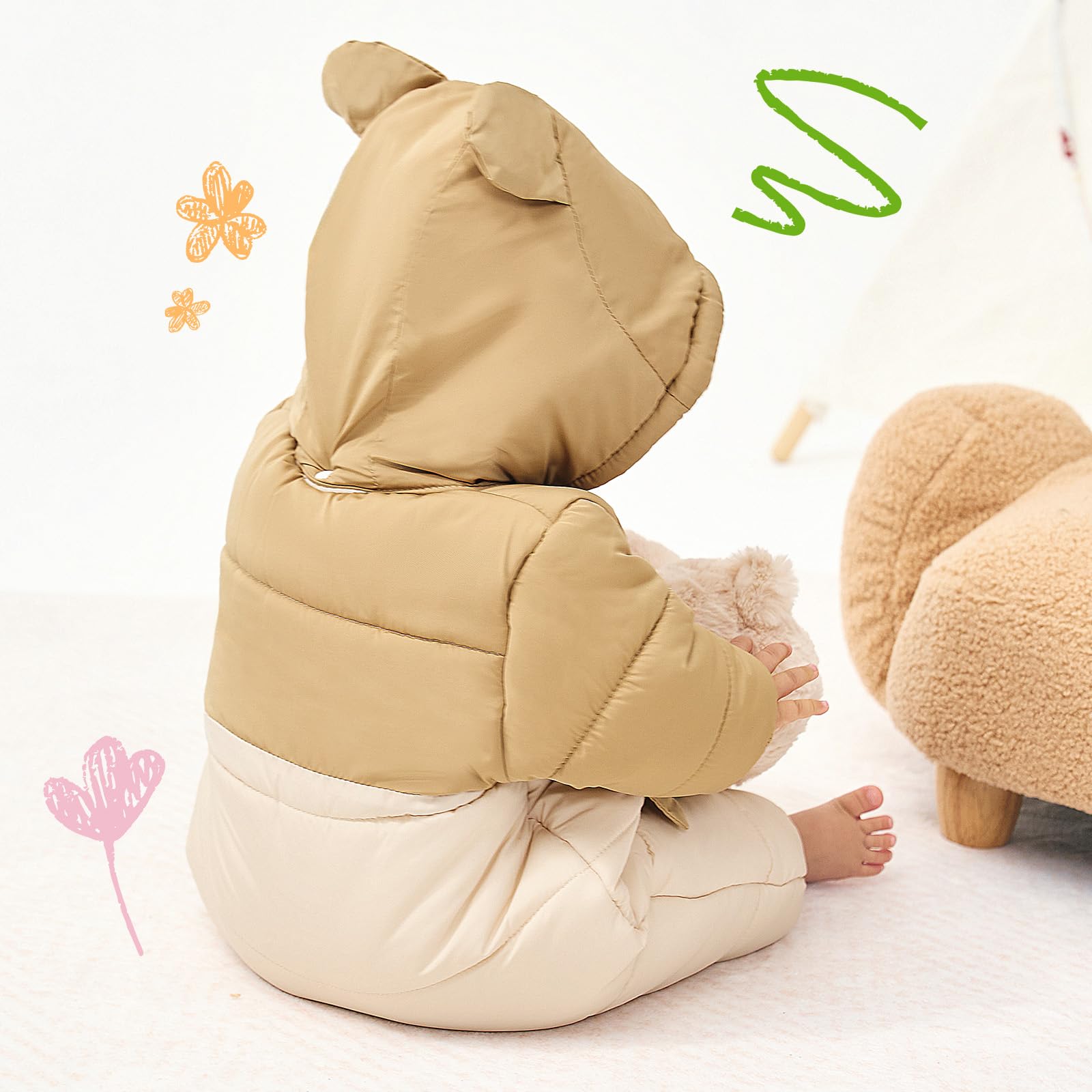 JiAmy Tuta da neve per bambini, calda tuta invernale con cappuccio, in pile spesso, a maniche lunghe, per bambini, 6-24 mesi