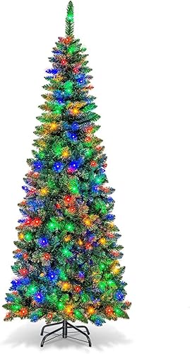 HAPPYGRILL Árbol de Navidad artificial preiluminado de 6.5 pies con 708 puntas de ramas y 250 luces LED multicolores, árbol de Navidad con bisagras