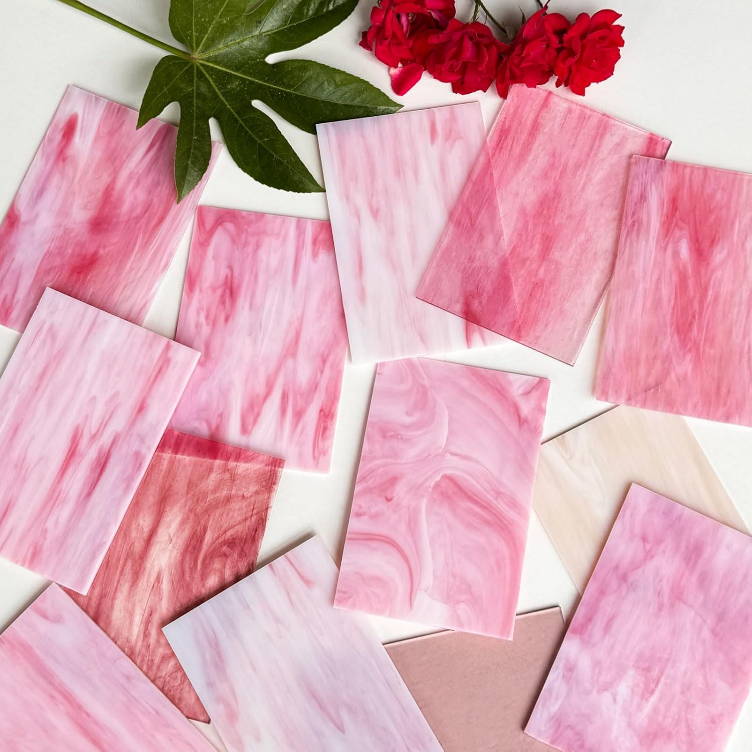 ILLUCKAI 12 Sheets COE 90 Glass for Fusing, 6 x 4 inch Fused Glass Supplies for Glass Fusing Jewelry Making, Fusible Stained Glass Sheets for Crafts (Pink Collection)