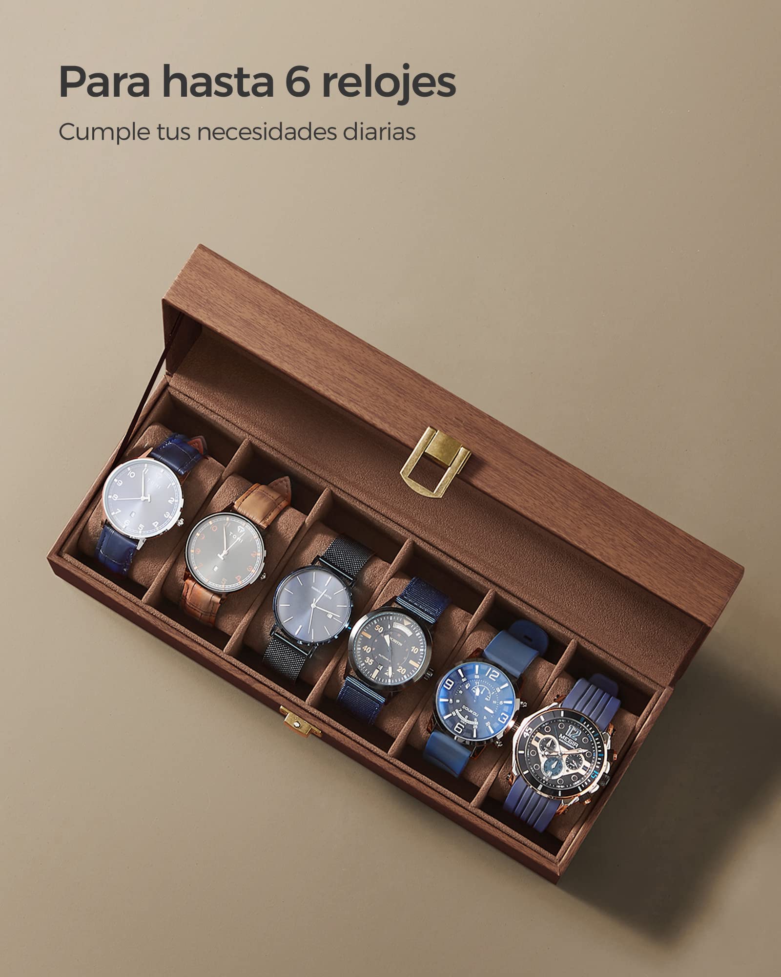 SONGMICS Caja de Relojes 6 Compartimentos, Estuche con Tapa de Cristal, Cuero Sintético Marrón JWB006K01