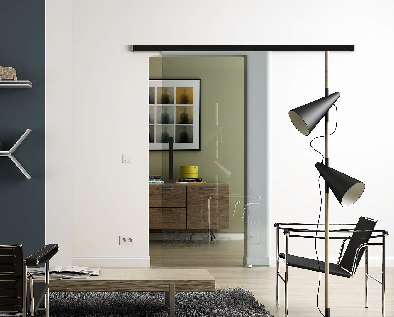 Glas-Schiebetür 1025x2050 mm Klarglas Sadora® Slimline-System komplett Laufschiene in Schwarz und Stangengriff Schiebetür aus Glas für Innenbereich