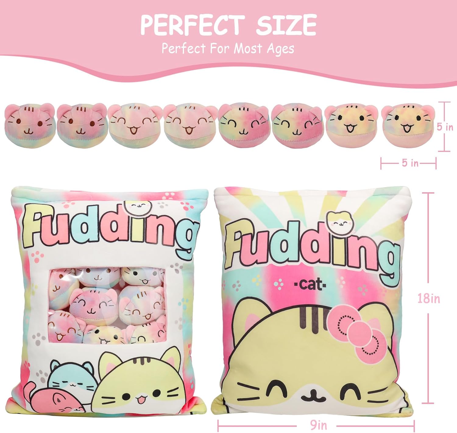 Cute Cat Plush Pillow with 8 Kitten Doll, Removable Throw Pillow Cats Stuffed Animals for Girls, Kawaii Cat Plushies Toy for Kids Girls Boys Women Birthday Gift