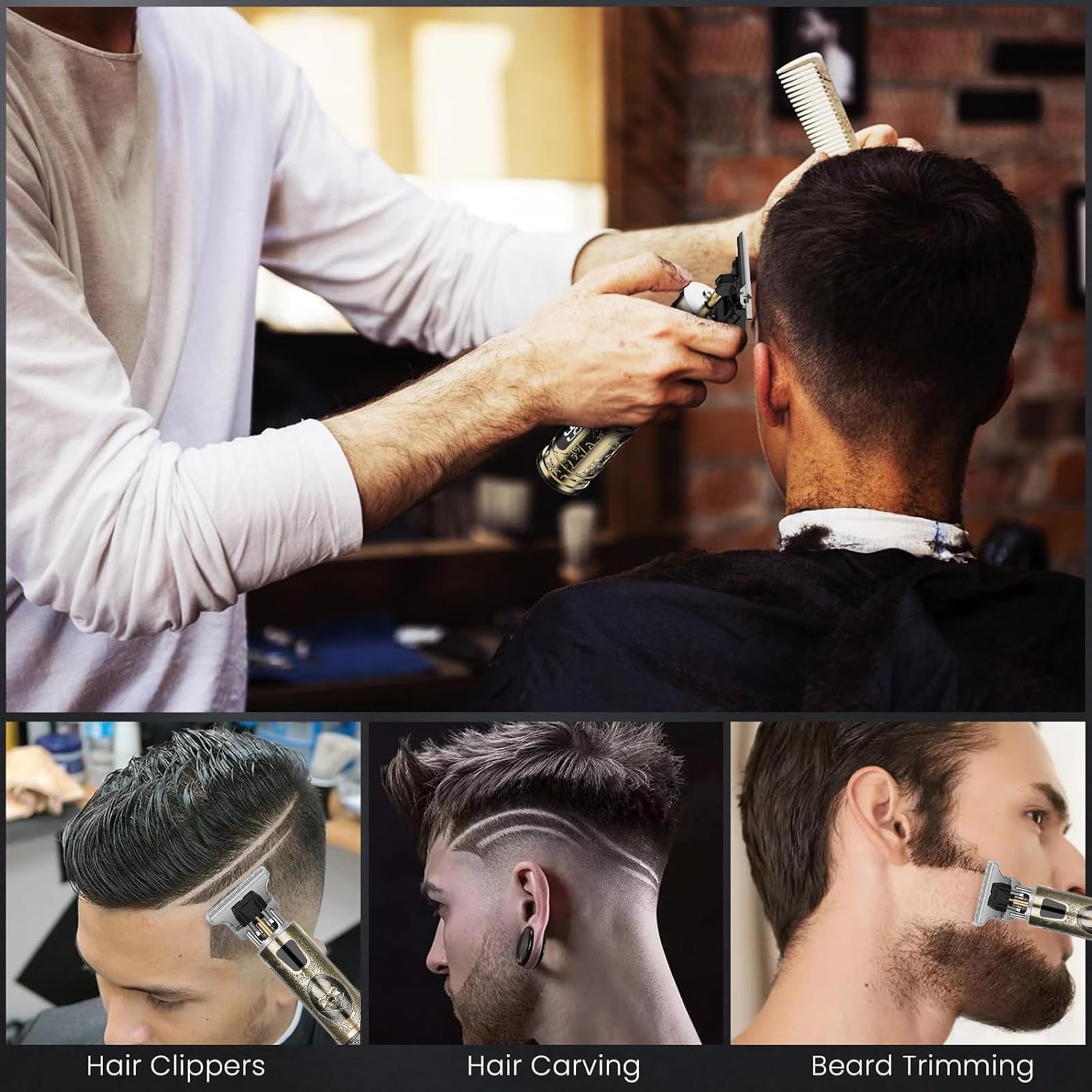 Máquina de Cortar Pelo Profesional Cortapelos Hombre Barba Cuchilla T Zero Gap Recargable USB Impermeable 4 Peine 1.5-4mm