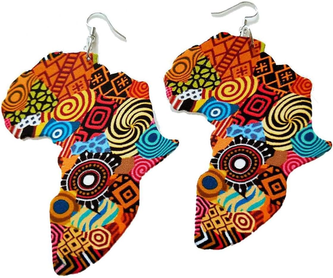 Angoter African Map Earrings Wooden Jewelry Ethnic Style Earring Bohemian Drop Earrings for Women 1 Pair