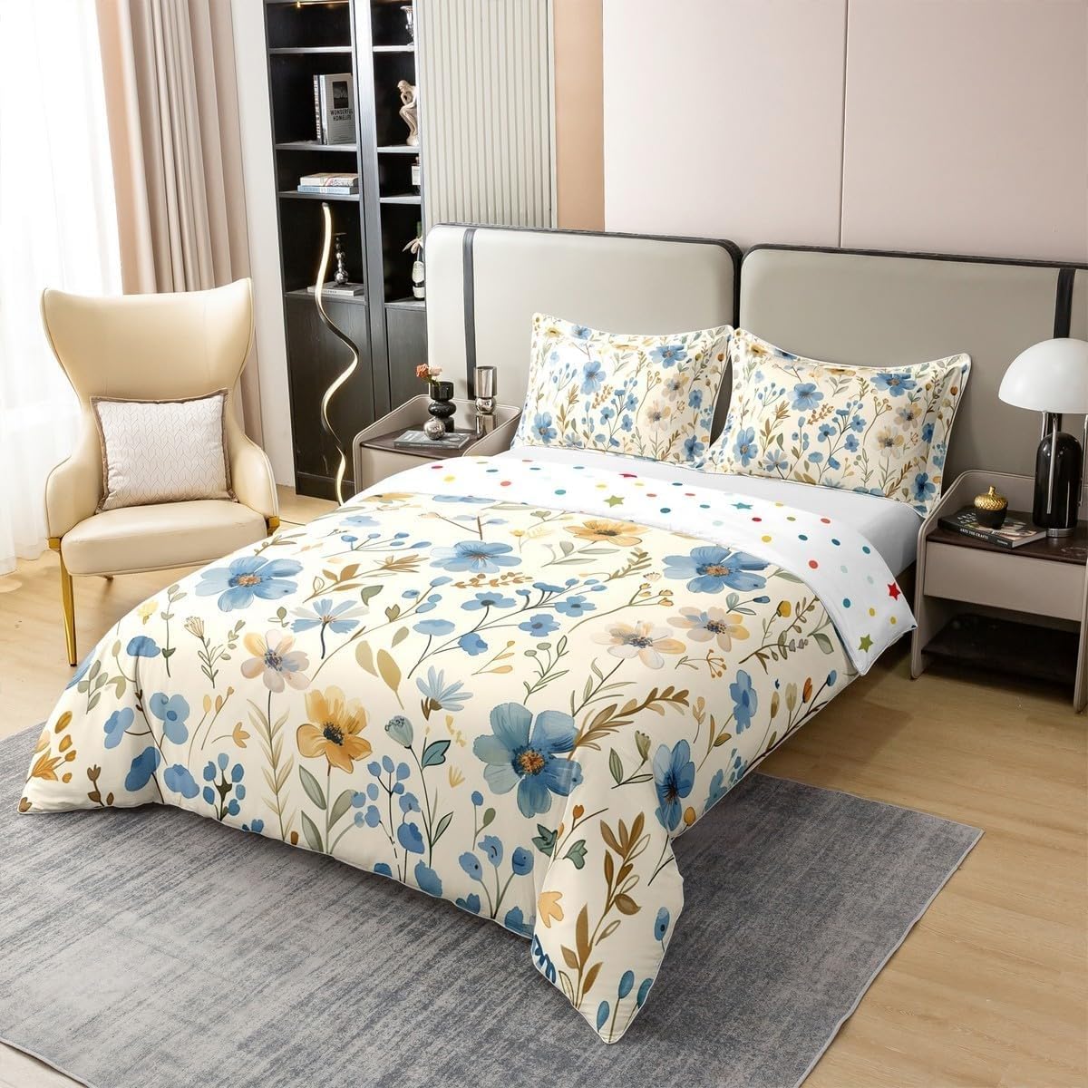 Flores Amarillo Azuladas Funda Edredon 220x240cm, Amarillo Claro Juego de Cama，Conjunto de 3 Piezas de Microfibra Suave y Transpirable, 2 Fundas de Almohada de 50x75cm AH131