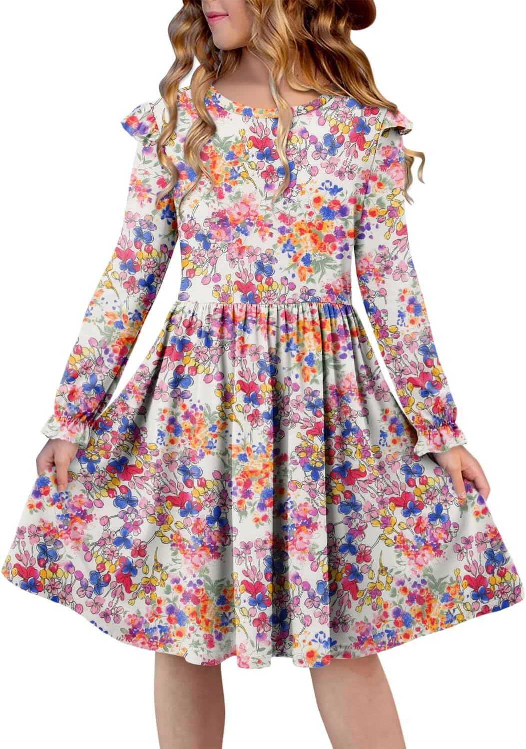 Yoklass Girls Long Sleeve Dress Casual A Line Ruffle Twirly Skater Dresses 4-13 Years - Image 2